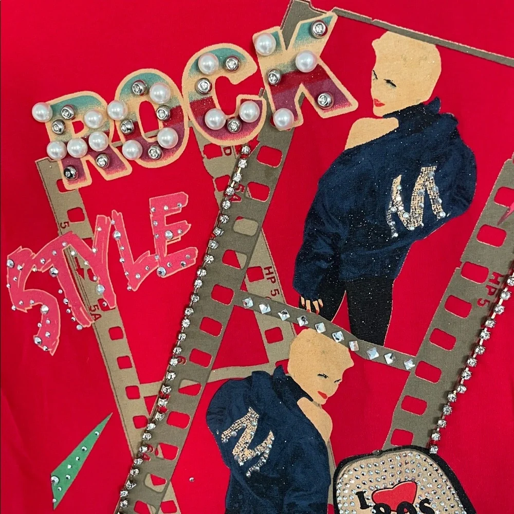 Vintage Rock Style Sleeveless Red Shirt Sheer back. Sequins & Rhinestones - Picture 8 of 17